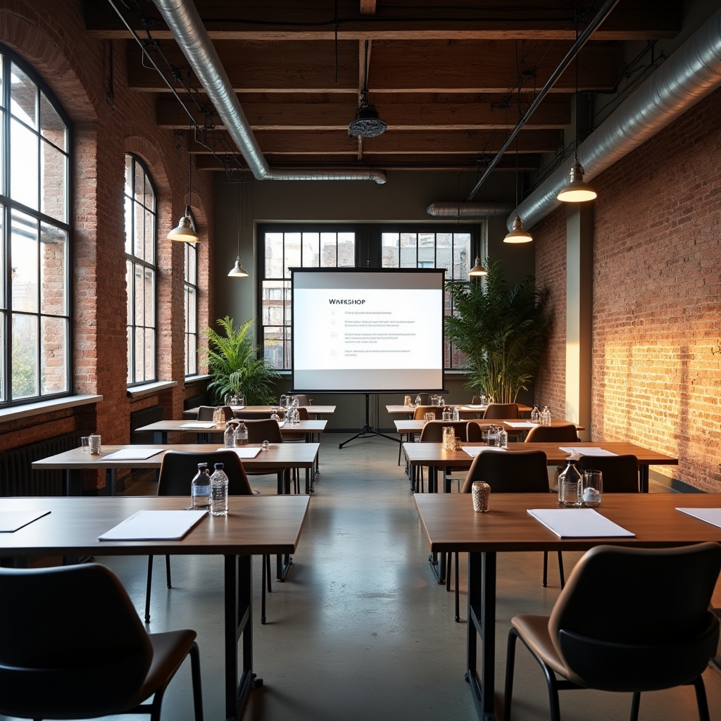 Full-day workshop room setup with participants working at tables
